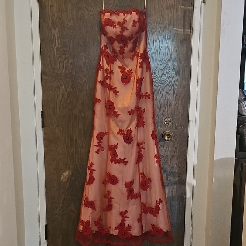 Strapless Red Embroidered Gown
